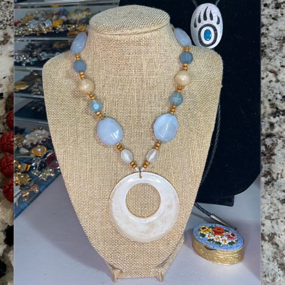 Elegant Cream and Blue Beaded Necklace